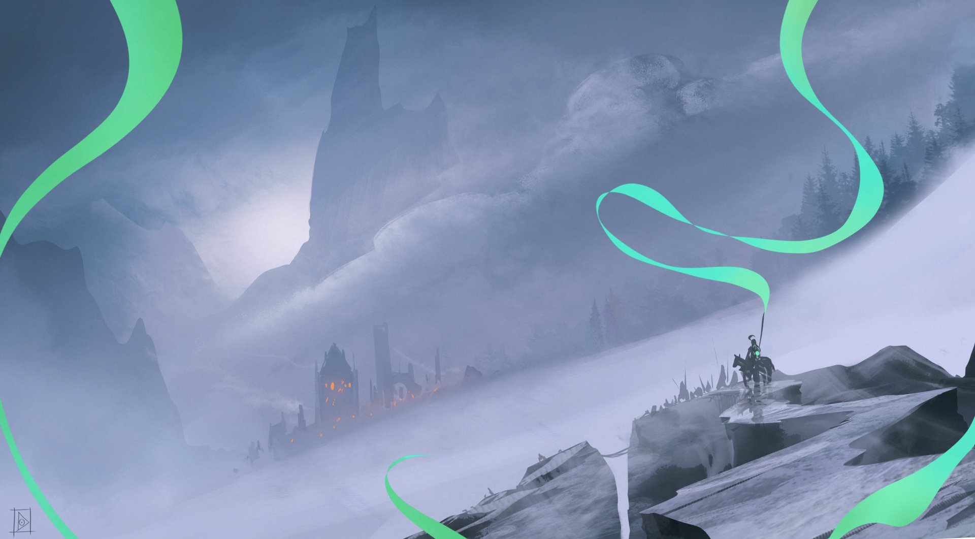 HD fantasy PC desktop wallpaper depicting a lone knight standing on rocky terrain overlooking a misty, ominous castle with towering spires in the distance.