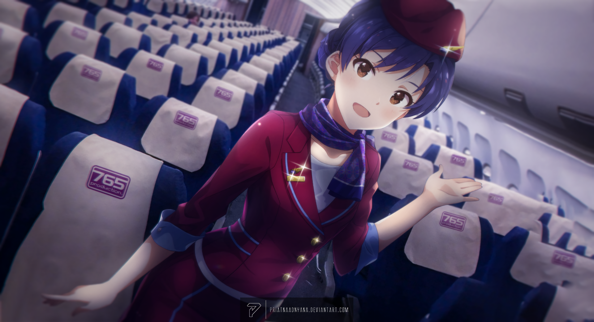 HD PC desktop wallpaper featuring Chihaya Kisaragi from THE iDOLM@STER: Million Live! dressed as a flight attendant inside an airplane cabin.