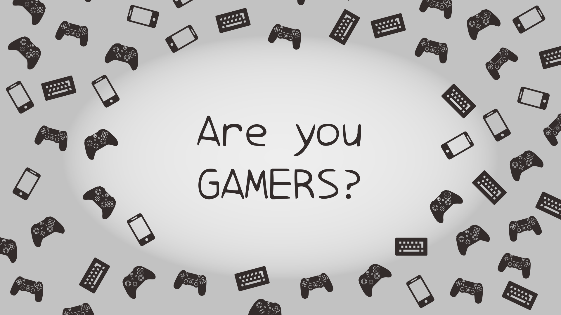 Artistic 4K Ultra HD PC desktop wallpaper with the text Are you GAMERS? surrounded by various black video game controllers and devices on a light background.
