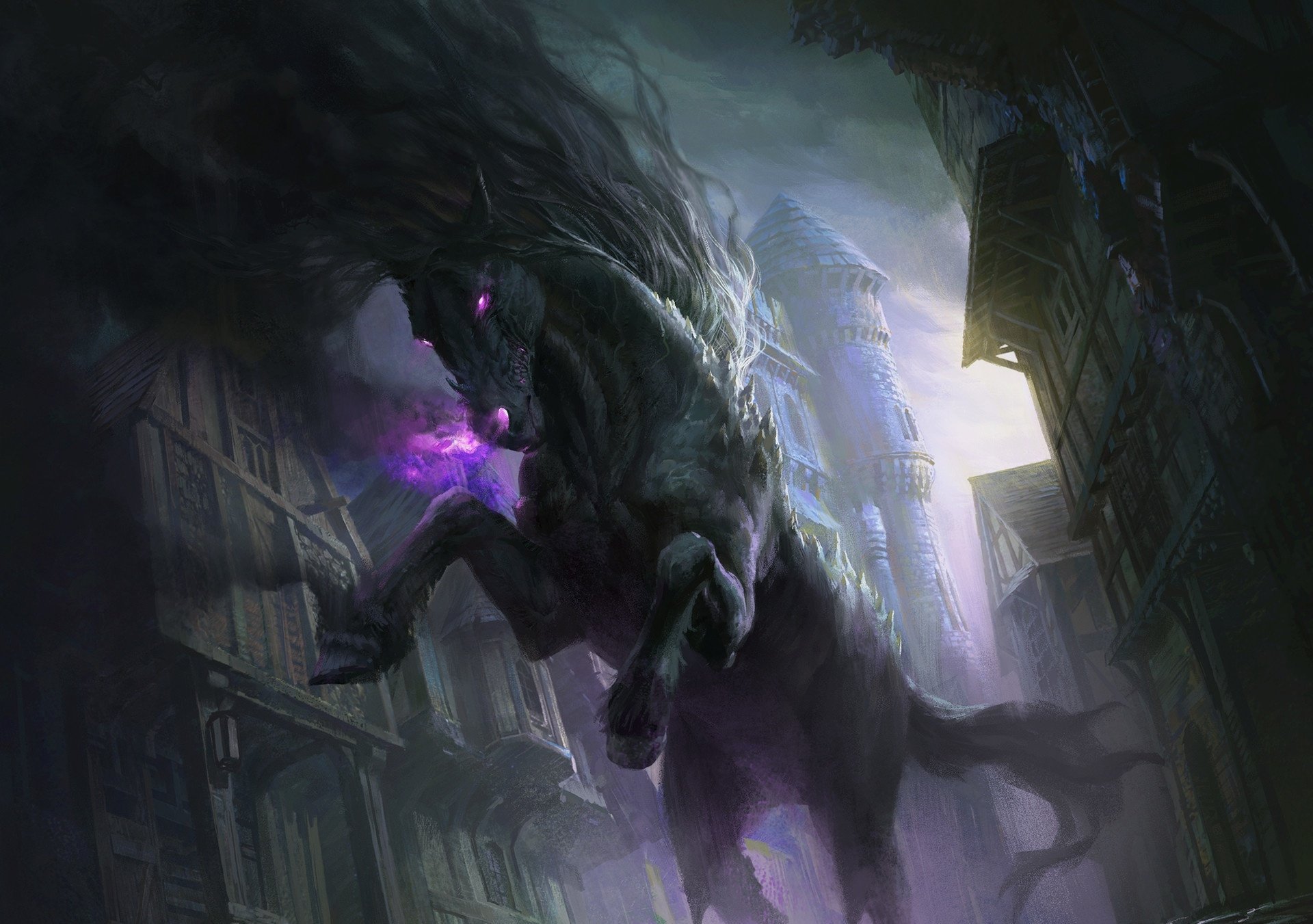 HD desktop wallpaper featuring a dark fantasy theme with a menacing black horse, its eyes glowing purple, standing on its hind legs in a gothic, eerie town.