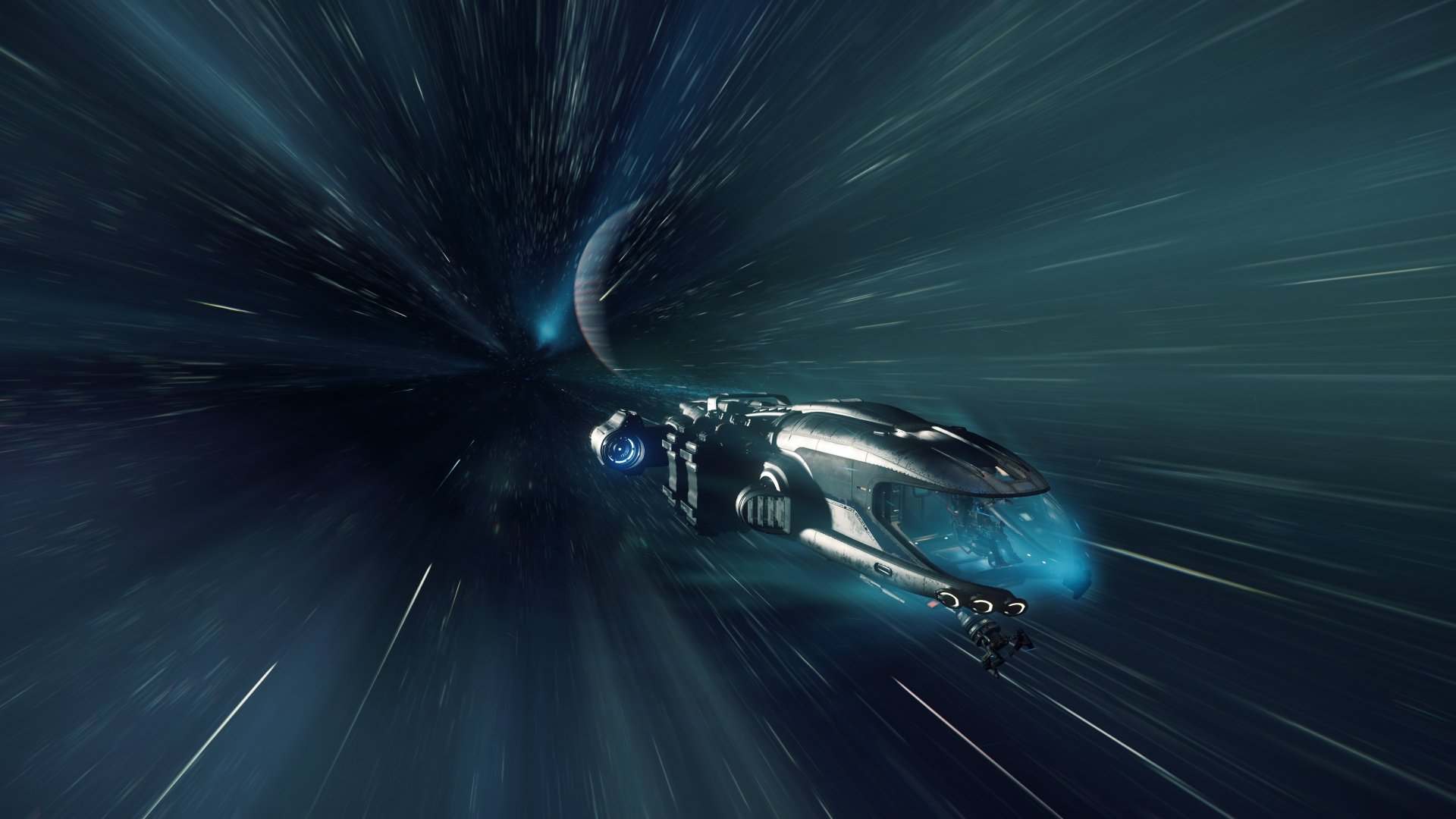 Prospector (Star Citizen) ship racing through streaking stars toward a distant planet in deep space — 4K Ultra HD PC desktop wallpaper from the Star Citizen video game.