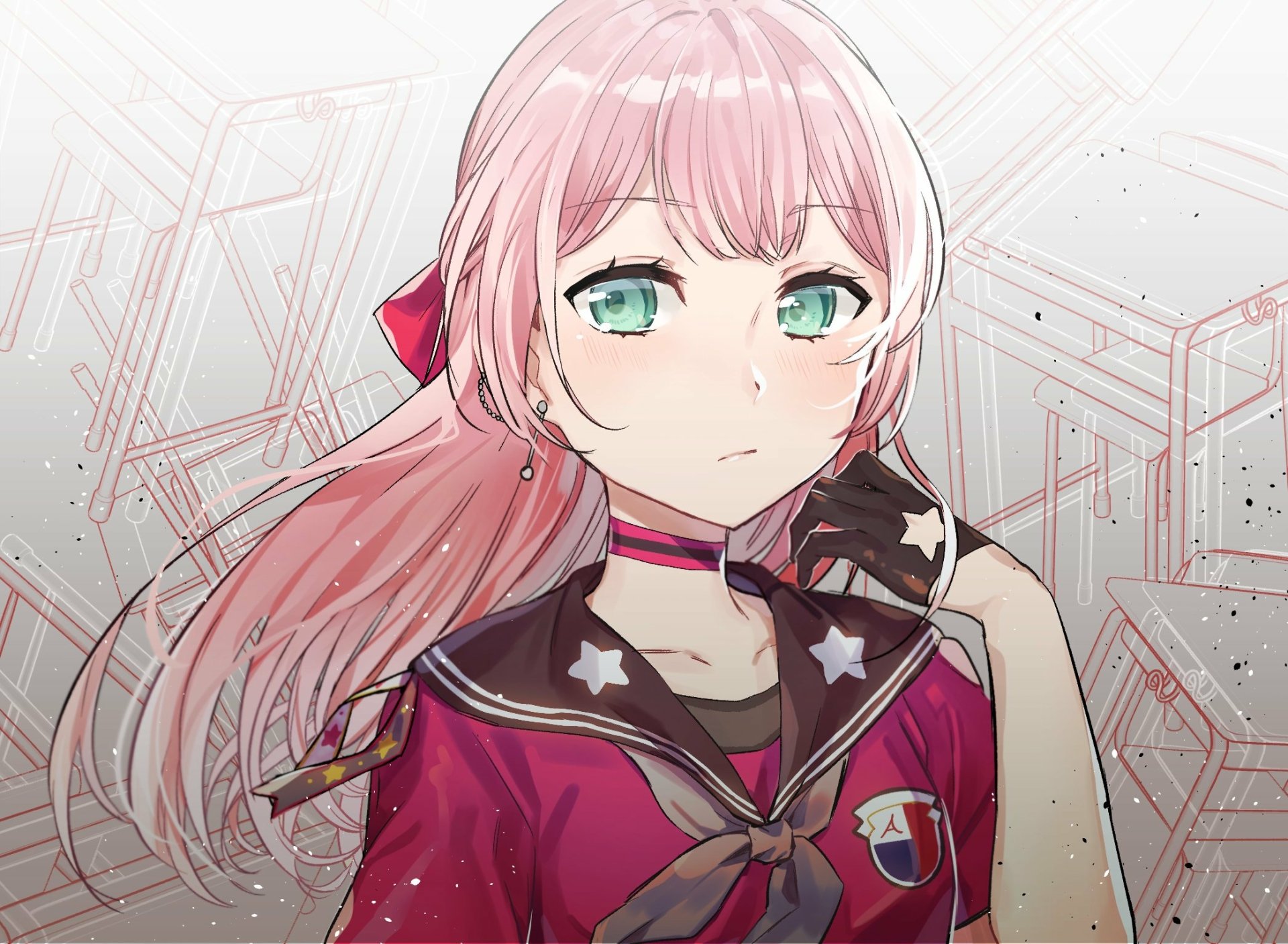 Himari Uehara (BanG Dream! Girls Band Party!) anime close-up: pink-haired, green-eyed school-uniform portrait in an HD PC desktop wallpaper background.