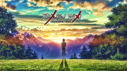 An HD desktop wallpaper from Akame ga Kill! featuring Tatsumi standing in front of a breathtaking mountain landscape under a vibrant sky.