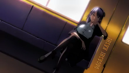 Anime character Shidare Hotaru with blue eyes and purple hair, wearing a headband, skirt, and thigh highs, from Dagashi Kashi, sitting on a couch. Text Dagashi Kashi appears on the right. HD wallpaper.