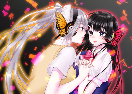 Anime wallpaper of Virtual YouTubers Tsukino Mito and Kaeda Higuchi holding hands, colorful butterflies and neon confetti, 2K Quad HD PC desktop background.
