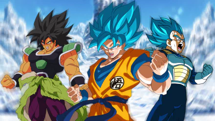 HD wallpaper featuring Broly, Goku, and Vegeta from Dragon Ball Super: Broly. The anime characters stand in powerful poses against a snowy mountain backdrop.
