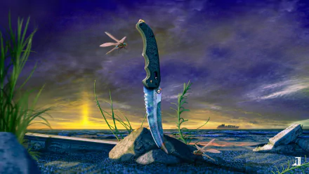 2K Quad HD PC wallpaper: Counter-Strike: Global Offensive knife planted in a shoreline rock at sunset, dragonfly hovering above — stylized video game scene