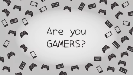 Artistic 4K Ultra HD PC desktop wallpaper with the text Are you GAMERS? surrounded by various black video game controllers and devices on a light background.