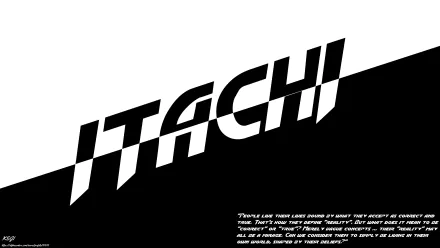 8K Ultra HD desktop wallpaper featuring bold Itachi text with a split black-and-white design, inspired by Itachi Uchiha from the anime Naruto.