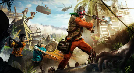 HD PC desktop wallpaper featuring intense action from the video game Dying Light: Bad Blood, showcasing combat and chaotic zombie encounters in a tropical setting.