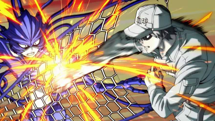 U-1146 (Cells At Work!) charges, firing orange energy at a purple insectoid foe across a shattered hexagonal grid — dynamic anime HD PC desktop wallpaper background.