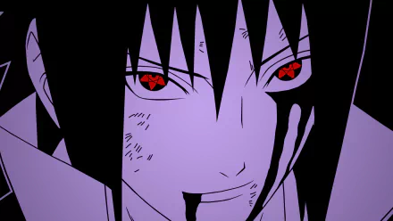 HD anime wallpaper featuring Sasuke Uchiha from Naruto, showcasing his Uchiha Clan Mangekyō Sharingan eyes with intense red and black details.