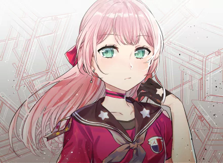 Himari Uehara (BanG Dream! Girls Band Party!) anime close-up: pink-haired, green-eyed school-uniform portrait in an HD PC desktop wallpaper background.