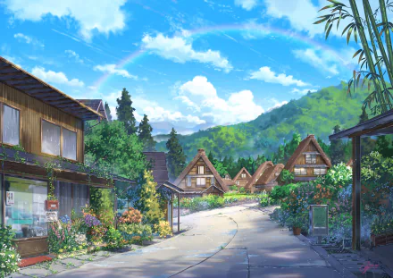 HD anime-style wallpaper of a charming village street with traditional houses, blooming flowers, and a vibrant rainbow in the clear blue sky.