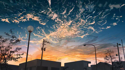 Anime-style HD wallpaper featuring a serene cityscape at sunset with vibrant clouds and street lamps.