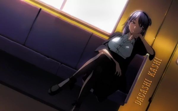 Anime character Shidare Hotaru with blue eyes and purple hair, wearing a headband, skirt, and thigh highs, from Dagashi Kashi, sitting on a couch. Text Dagashi Kashi appears on the right. HD wallpaper.