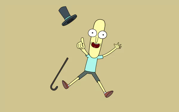 4K Ultra HD PC desktop wallpaper featuring Mr. Poopybutthole from the TV show Rick and Morty, depicted joyfully with his hat and cane floating nearby.
