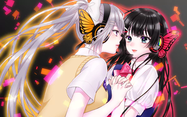 Anime wallpaper of Virtual YouTubers Tsukino Mito and Kaeda Higuchi holding hands, colorful butterflies and neon confetti, 2K Quad HD PC desktop background.
