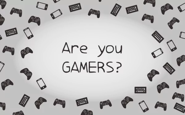 Artistic 4K Ultra HD PC desktop wallpaper with the text Are you GAMERS? surrounded by various black video game controllers and devices on a light background.