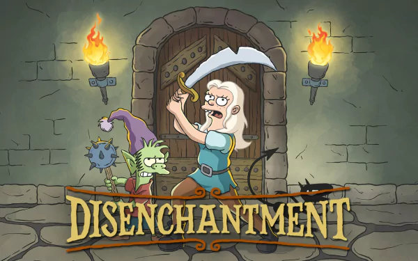HD PC desktop wallpaper from the TV show Disenchantment: Bean brandishing a sword in a castle doorway, with Elfo and Luci beside her and the Disenchantment logo below.