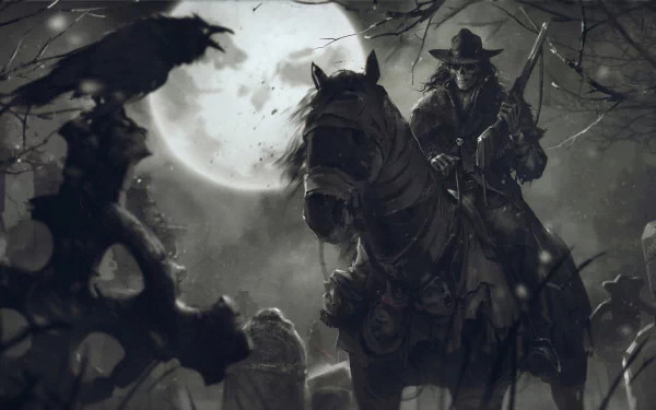 A dark, HD wallpaper featuring a cowboy holding a rifle, riding a horse under a full moon, with a crow and skull in the eerie night scene.