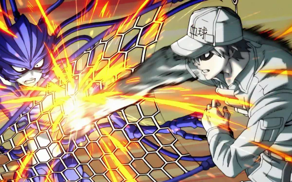 U-1146 (Cells At Work!) charges, firing orange energy at a purple insectoid foe across a shattered hexagonal grid — dynamic anime HD PC desktop wallpaper background.