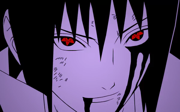 HD anime wallpaper featuring Sasuke Uchiha from Naruto, showcasing his Uchiha Clan Mangekyō Sharingan eyes with intense red and black details.