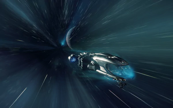 Prospector (Star Citizen) ship racing through streaking stars toward a distant planet in deep space — 4K Ultra HD PC desktop wallpaper from the Star Citizen video game.