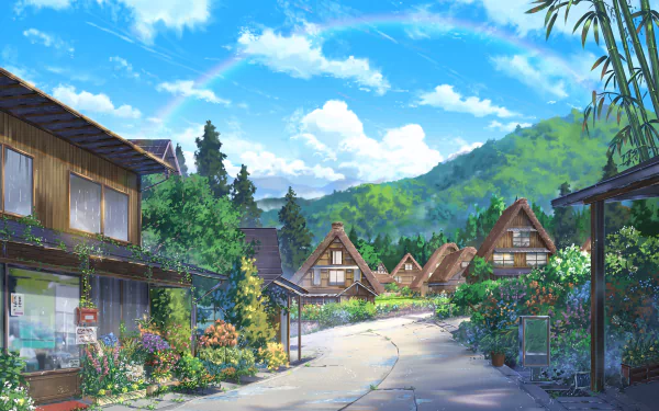 HD anime-style wallpaper of a charming village street with traditional houses, blooming flowers, and a vibrant rainbow in the clear blue sky.