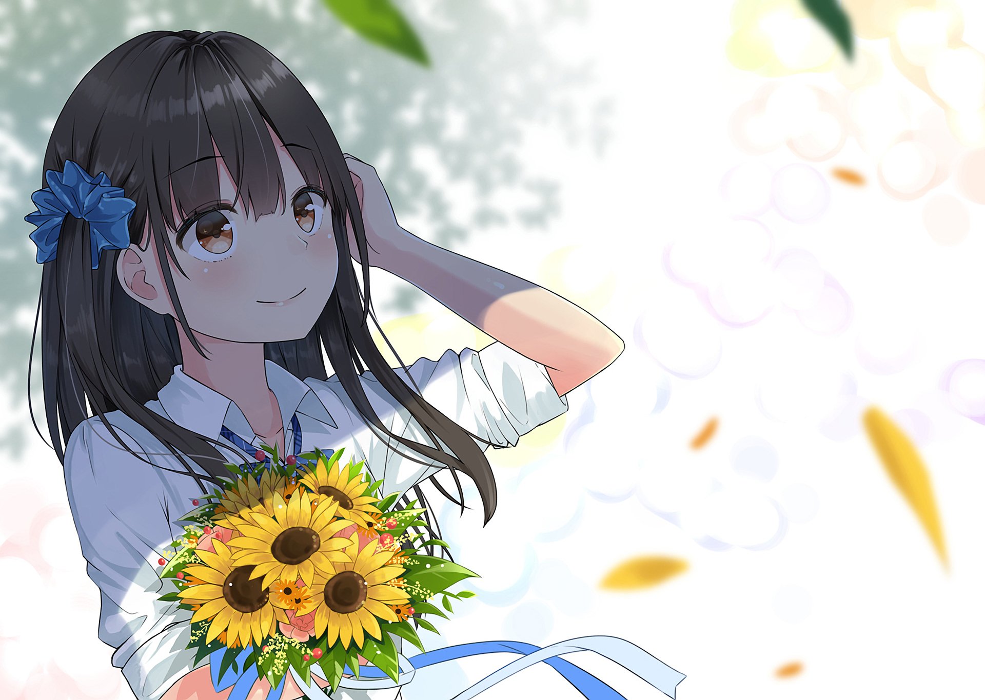 An original HD anime desktop wallpaper featuring a girl with dark hair, a blue hairpin, and a white shirt, holding a bouquet of sunflowers against a light, airy background.