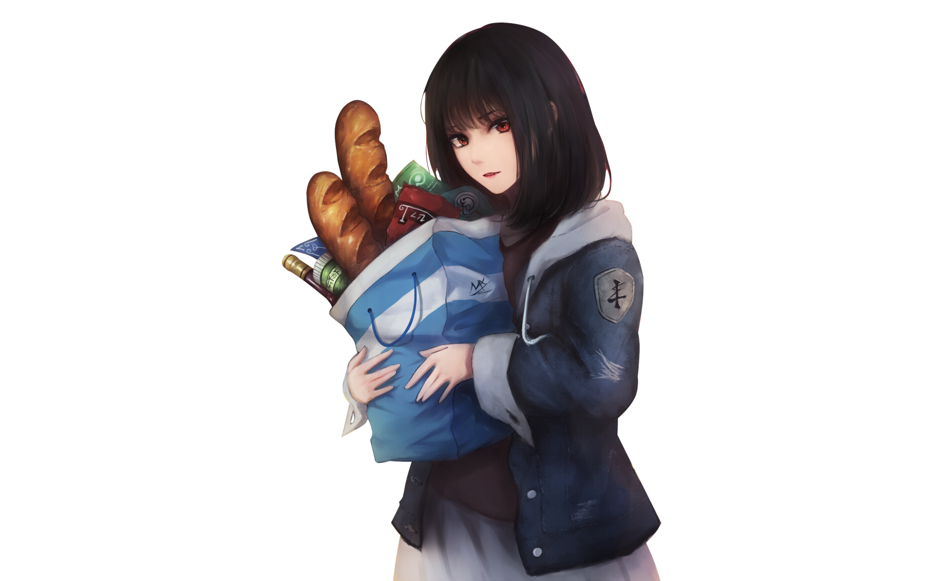 An anime girl with short black hair and red eyes, smiling while holding a bag of groceries. She wears a skirt and a jacket. HD desktop wallpaper and background.