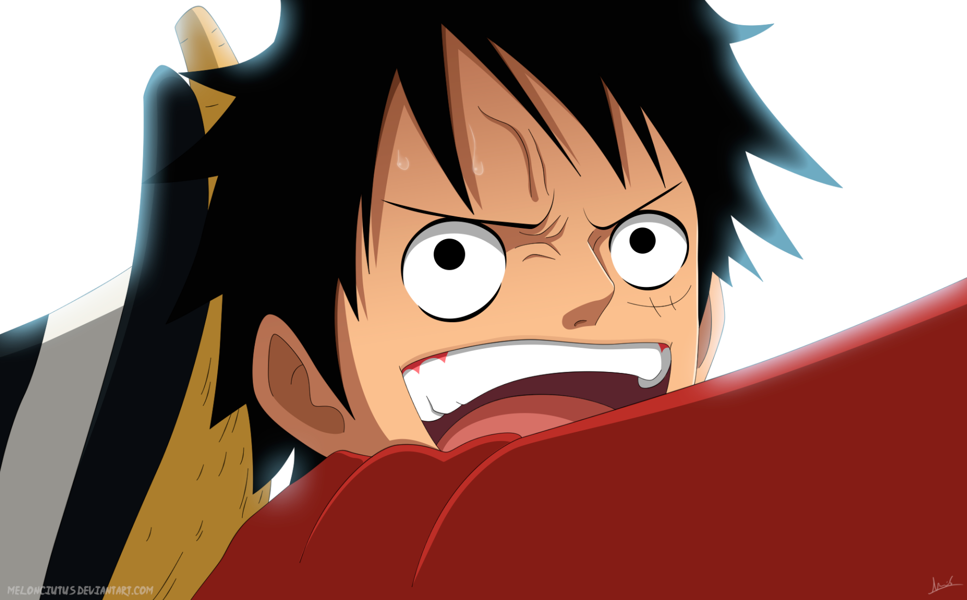 Close-up HD PC desktop wallpaper of Monkey D. Luffy from One Piece grinning fiercely, red shirt and wide eyes against a white background.