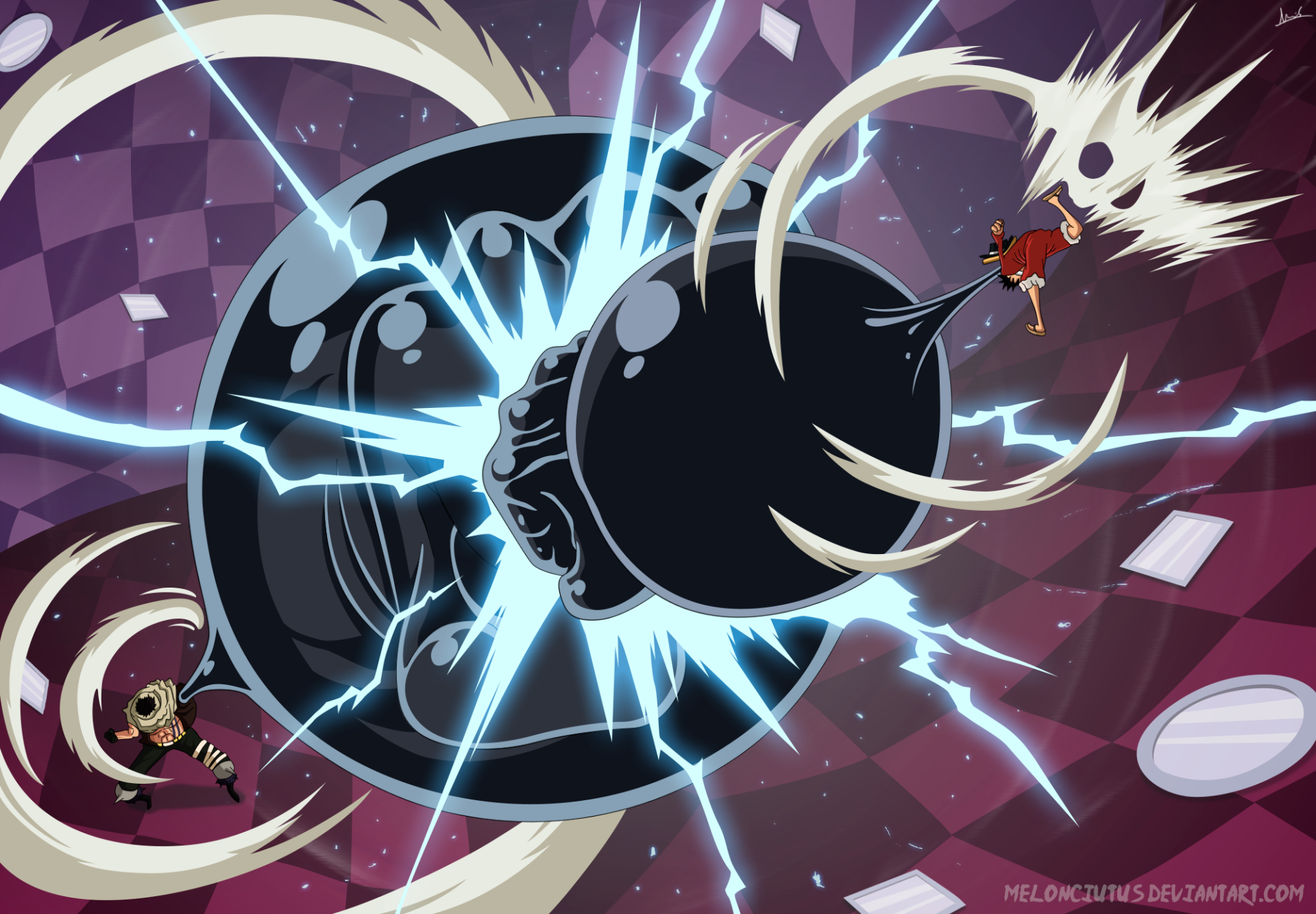 HD One Piece anime desktop wallpaper featuring Monkey D. Luffy and Charlotte Katakuri in an intense battle scene with dynamic lightning effects and dramatic poses.