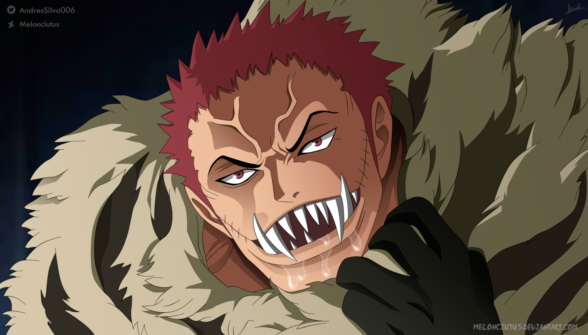 HD anime desktop wallpaper featuring Charlotte Katakuri from One Piece with a fierce expression and sharp teeth, set against a dark background.
