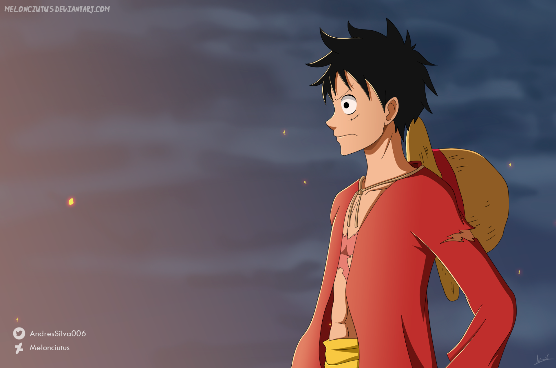 Monkey D. Luffy from One Piece in his red jacket with a straw hat on his back, gazing toward a dusky sky — HD anime PC desktop wallpaper.