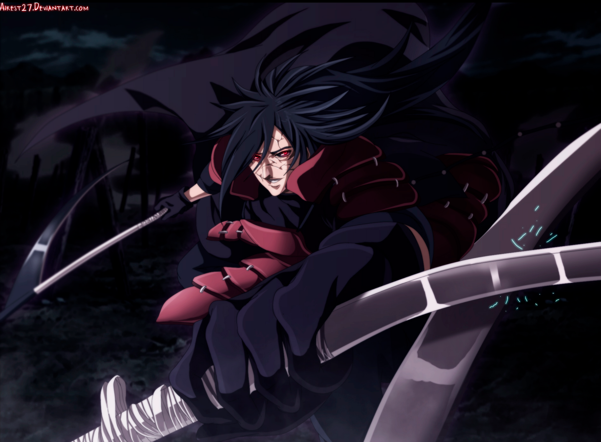 HD anime desktop wallpaper featuring Madara Uchiha from Naruto, showcasing him in dynamic action with dark, intense tones.