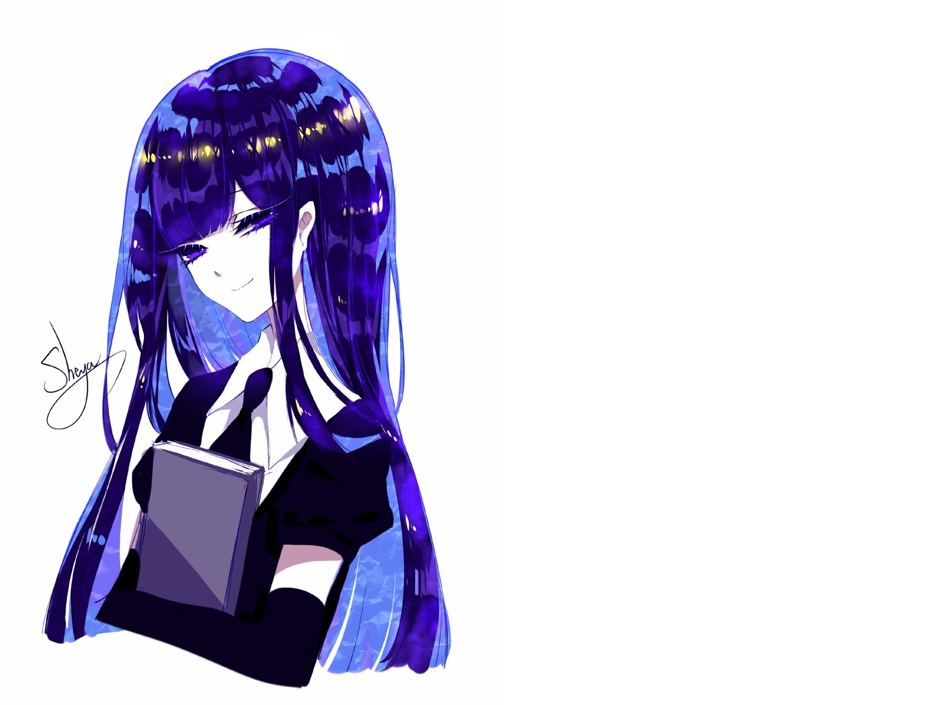 Lapis Lazuli (Land of the Lustrous) anime portrait with glossy blue hair holding a book against a white background — 4K Ultra HD PC desktop wallpaper/background.