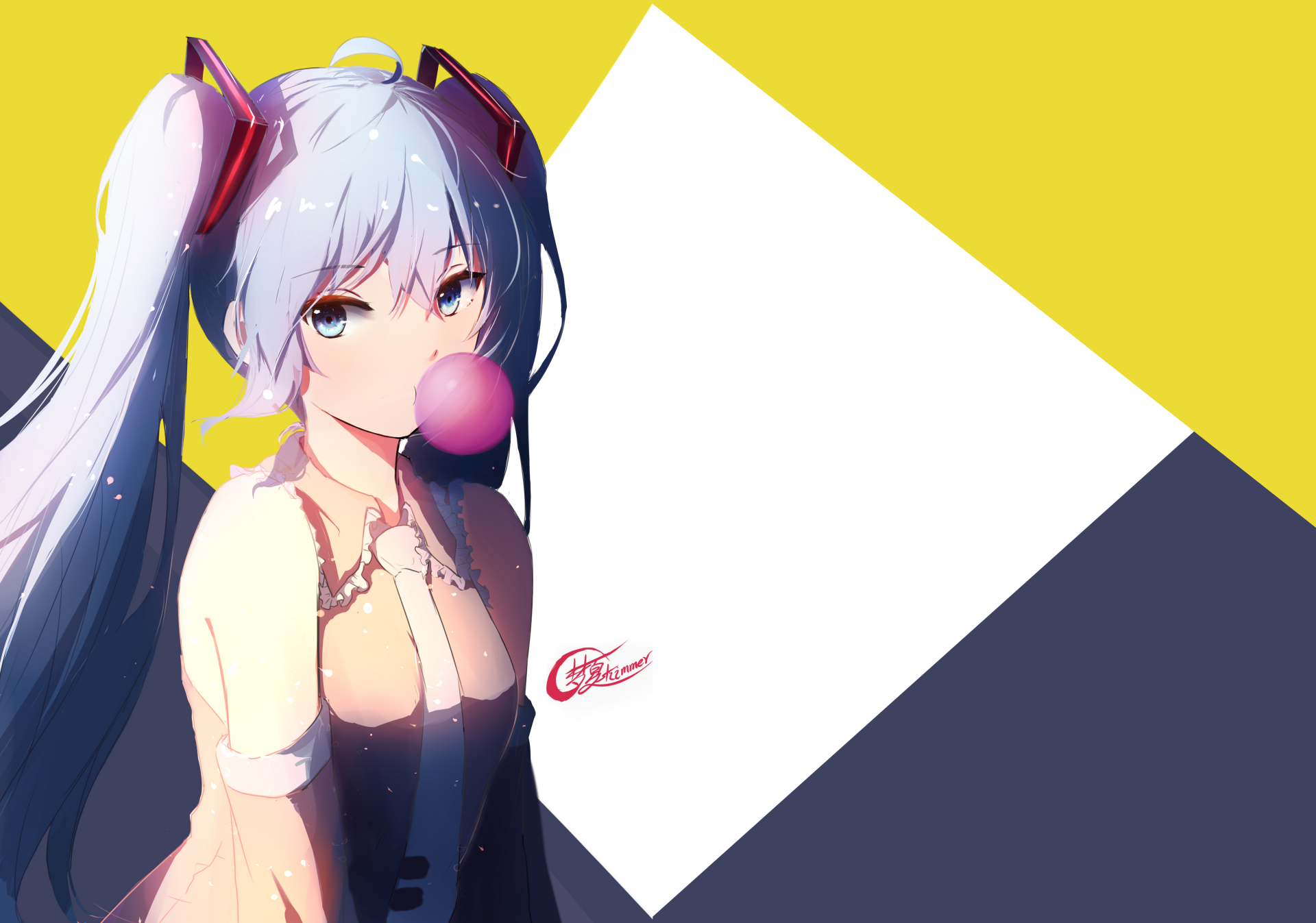 HD desktop wallpaper featuring Hatsune Miku from Vocaloid, styled in anime art. She has blue hair, is blowing a bubblegum, and is set against a vibrant geometric background with yellow, white, and dark blue.