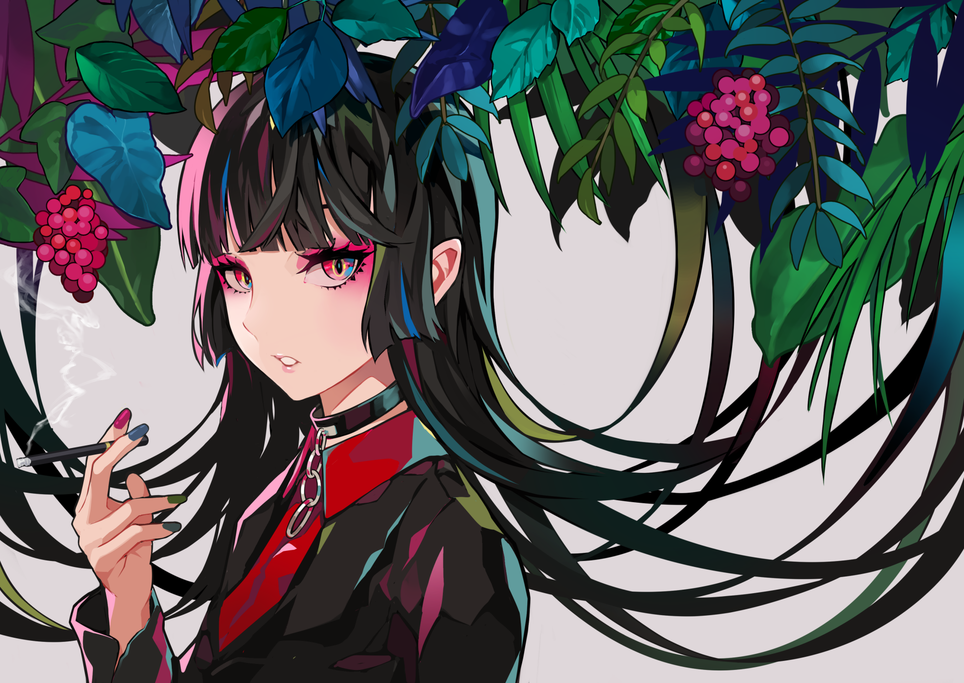 Anime-style HD desktop wallpaper featuring a long-haired black-haired character with vivid pink eyes, surrounded by lush green leaves and clusters of grapes.