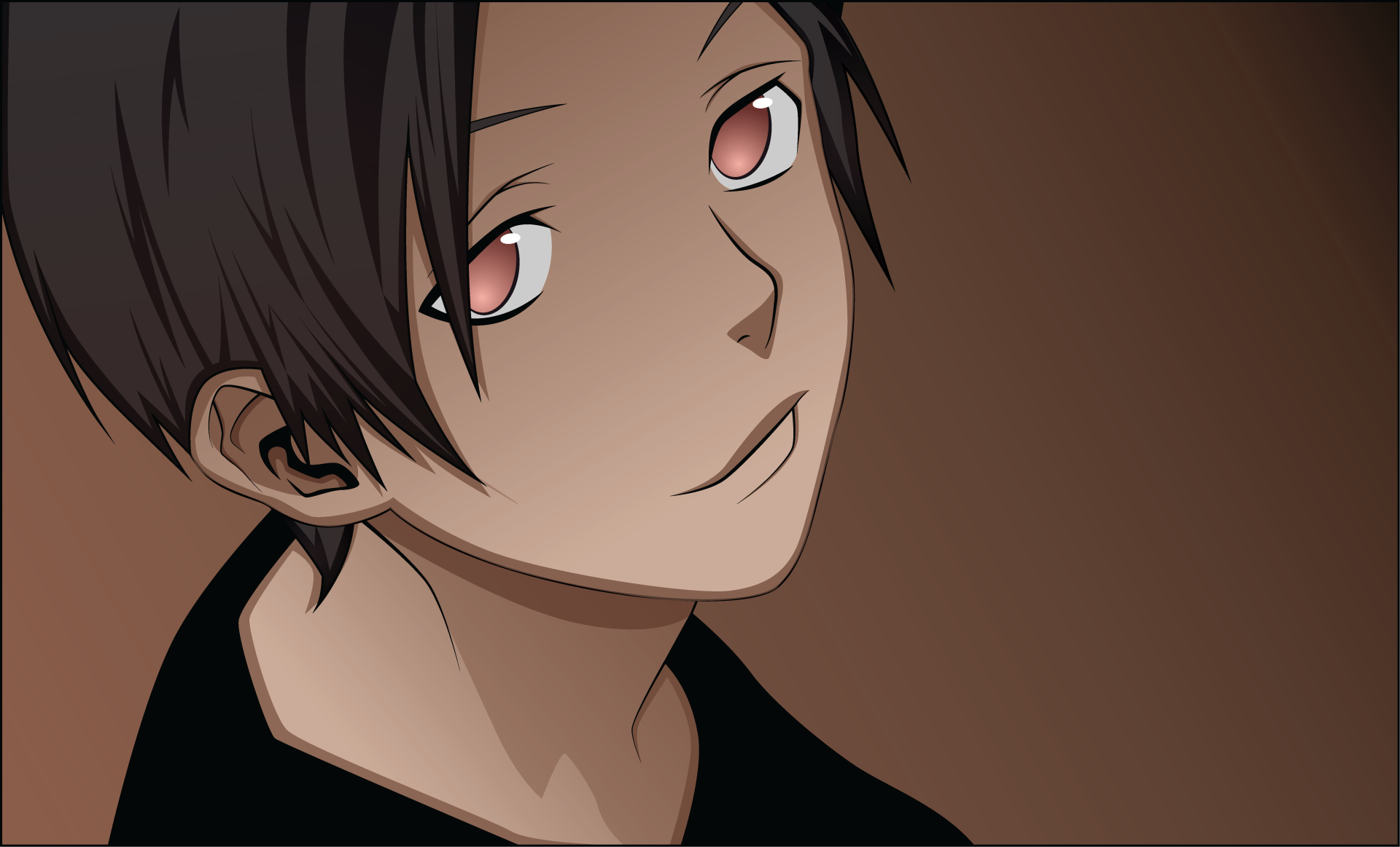 Close-up portrait of Fujisaki Kouto (Noragami) with a gentle smirk against a warm brown backdrop — 5K Ultra HD PC desktop wallpaper.