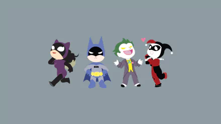 Minimalist HD desktop wallpaper featuring chibi-style DC Comics characters: Catwoman, Batman, Joker, and Harley Quinn in a simple, comic-inspired design.