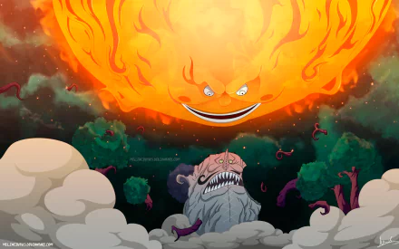HD PC desktop wallpaper featuring King Baum and Prometheus from the anime One Piece, showcasing vibrant fiery and forest elements in a dynamic scene.