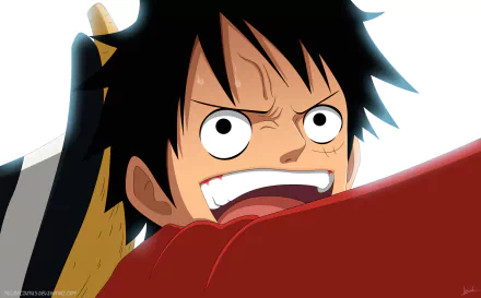 Close-up HD PC desktop wallpaper of Monkey D. Luffy from One Piece grinning fiercely, red shirt and wide eyes against a white background.