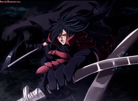 HD anime desktop wallpaper featuring Madara Uchiha from Naruto, showcasing him in dynamic action with dark, intense tones.