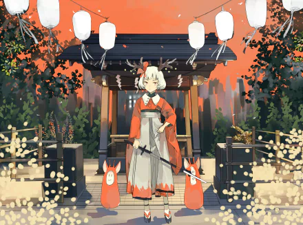 Anime-style character with white short hair, orange eyes, and horns stands holding a sword beneath glowing lanterns in a vibrant, detailed outdoor scene.