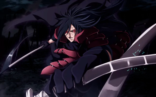 HD anime desktop wallpaper featuring Madara Uchiha from Naruto, showcasing him in dynamic action with dark, intense tones.