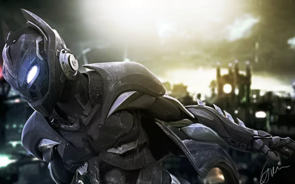 Arkham Knight (DC Comics) in dark armored mask with glowing eyes, city skyline behind — HD PC desktop wallpaper from the video game Batman: Arkham Knight.