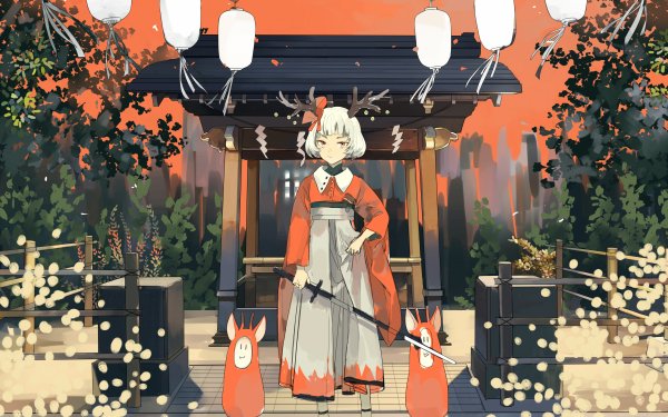 Anime Original Short Hair White Hair Sword Horns Orange Eyes Lantern HD Wallpaper | Background Image