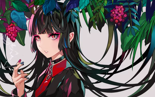 Anime-style HD desktop wallpaper featuring a long-haired black-haired character with vivid pink eyes, surrounded by lush green leaves and clusters of grapes.