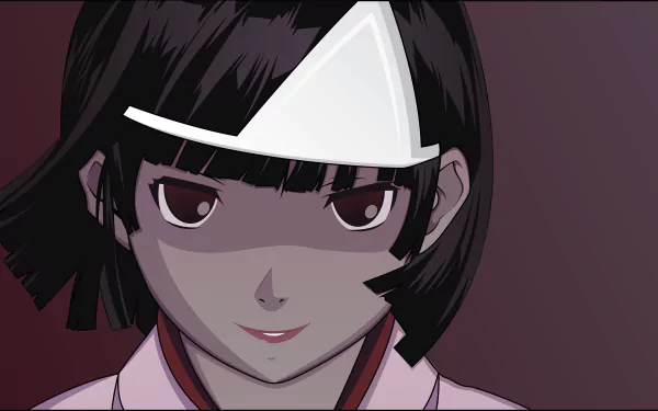 Close-up portrait of Nora (Noragami) with short black hair, a white triangular hairpiece and a sly smile against a dark red backdrop — 5K Ultra HD PC desktop wallpaper.